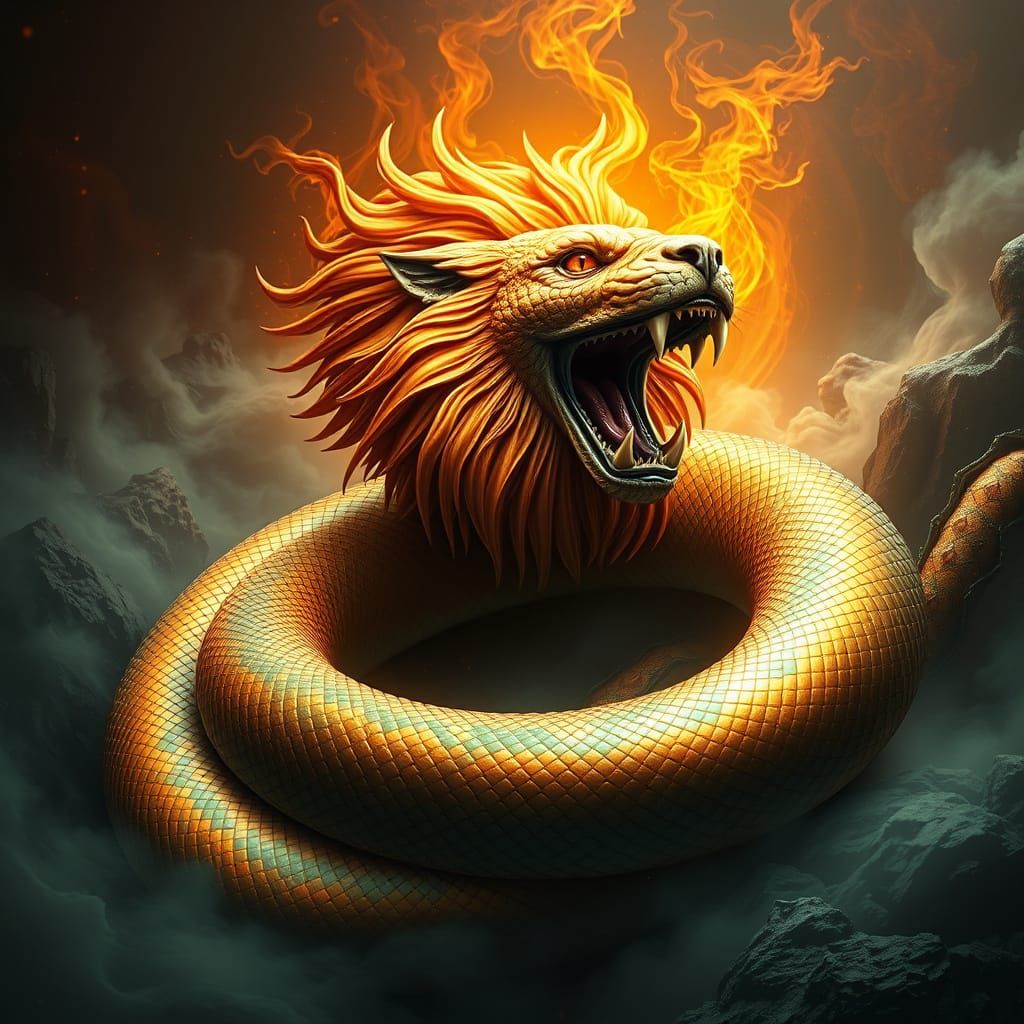 Regal Lion-Headed Serpent in a Fantasy Realm