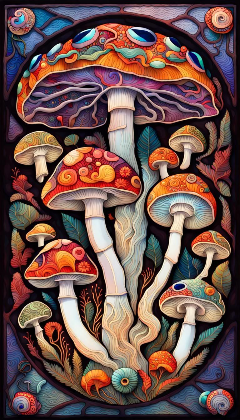 Colorful Mushroom Cluster in Art Nouveau Style