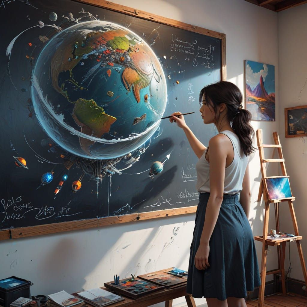 Realistic Earth Painting on Old-School Blackboard with Elega...