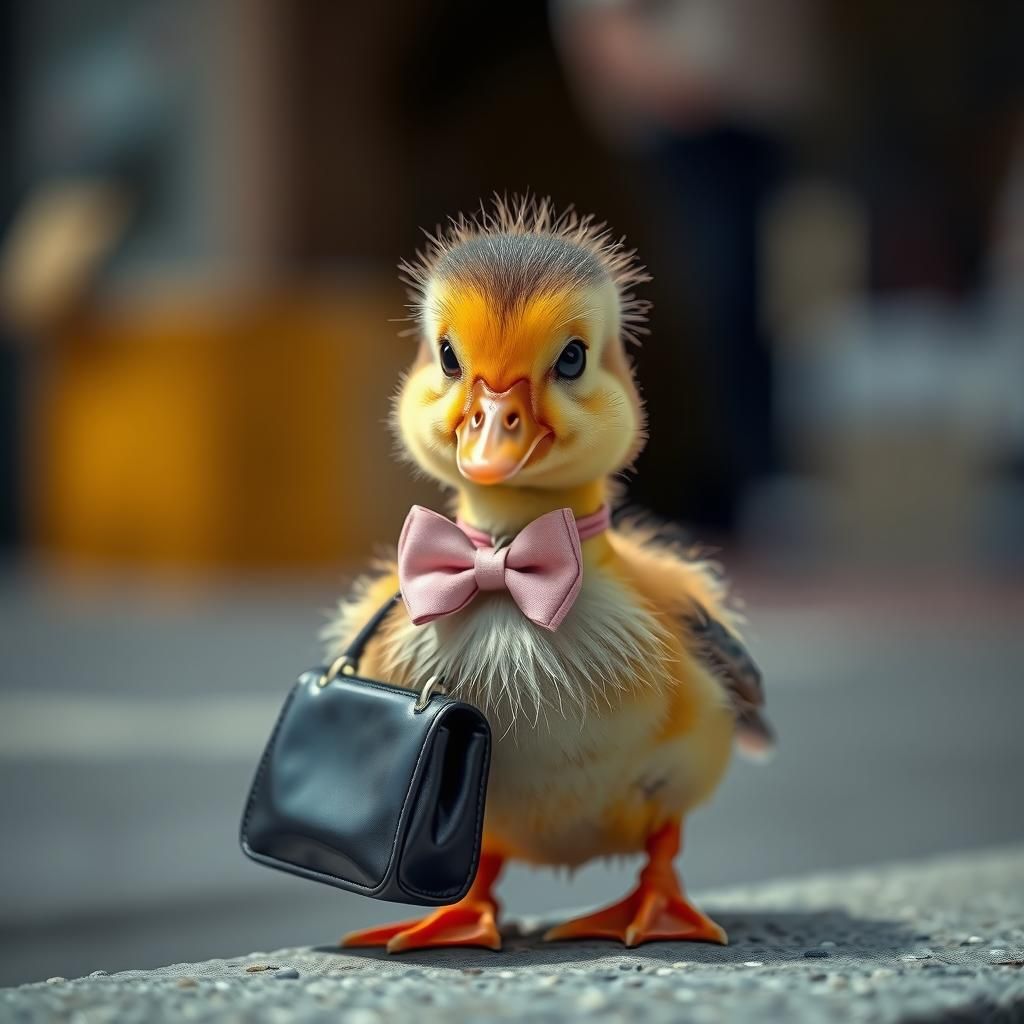 Endearing Duckling with Purse in Photorealistic Style