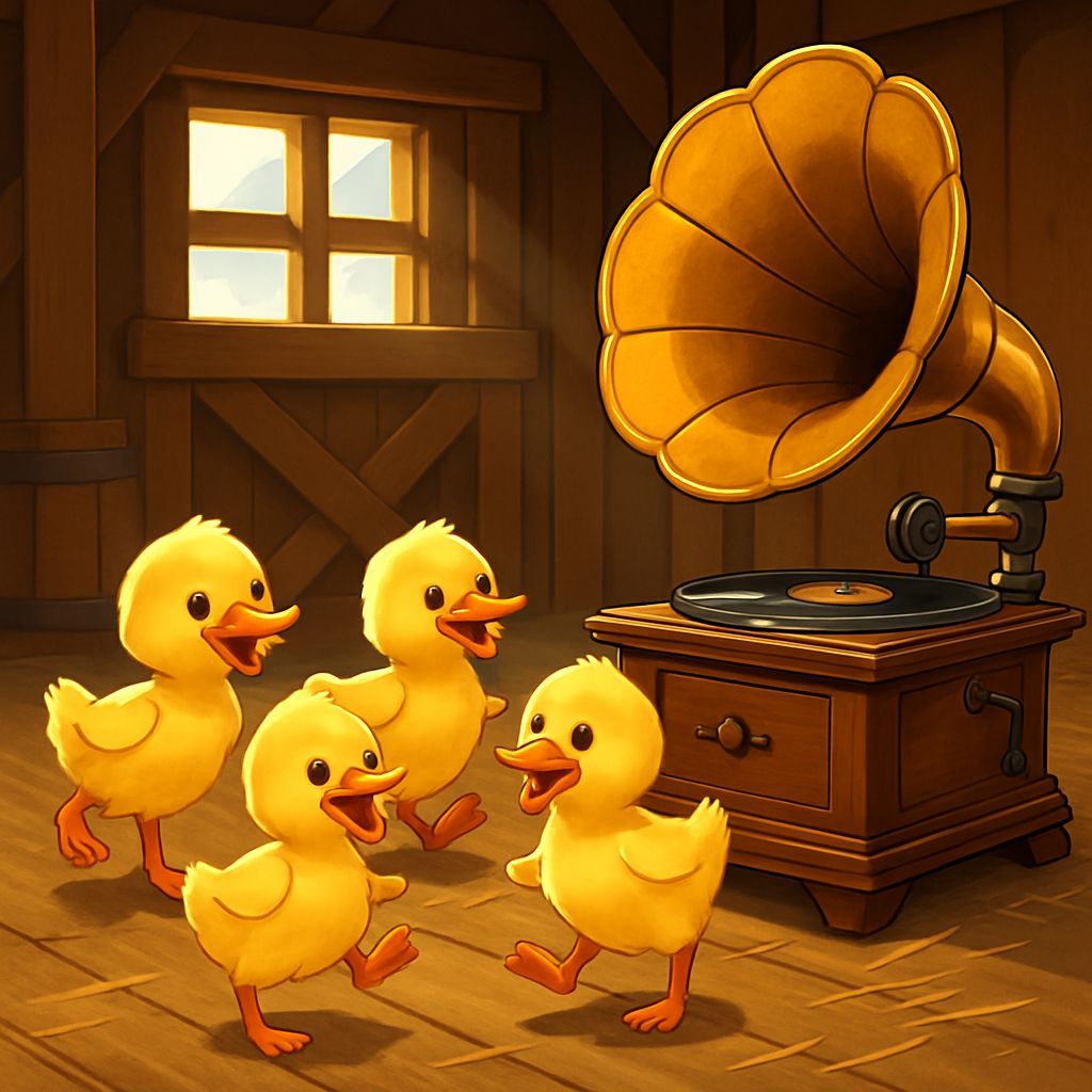 Dancing Ducklings in a Cartoon Style Barn