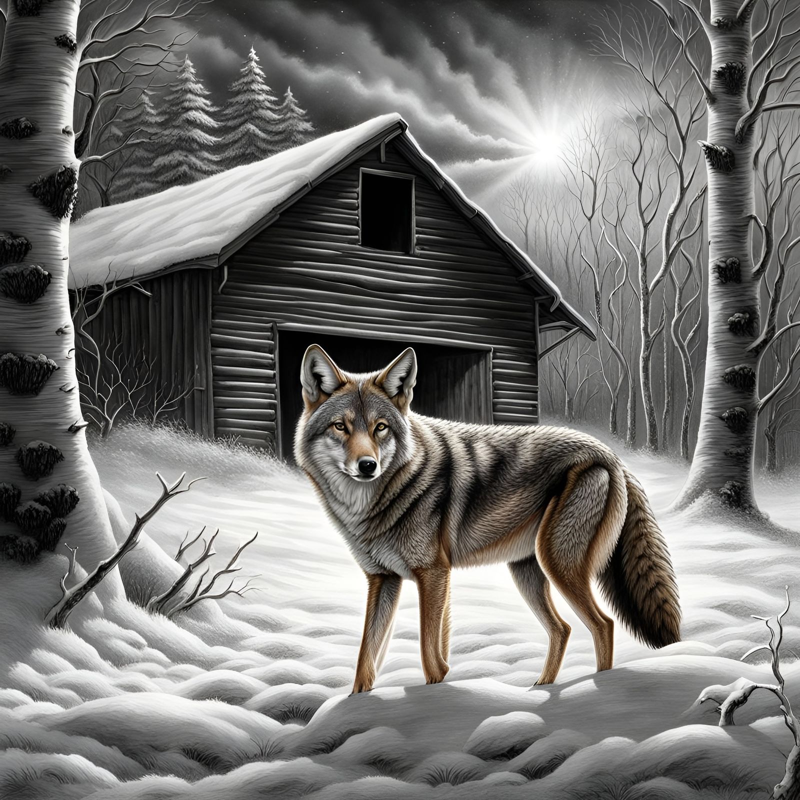 Coyote in Snowy Forest: Detailed Ink Drawing