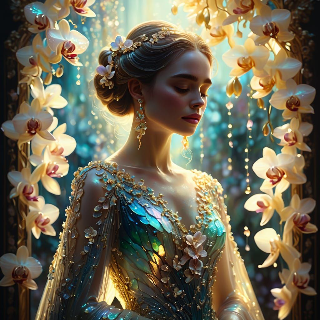 Woman in Opulent Orchid and Opal Gown