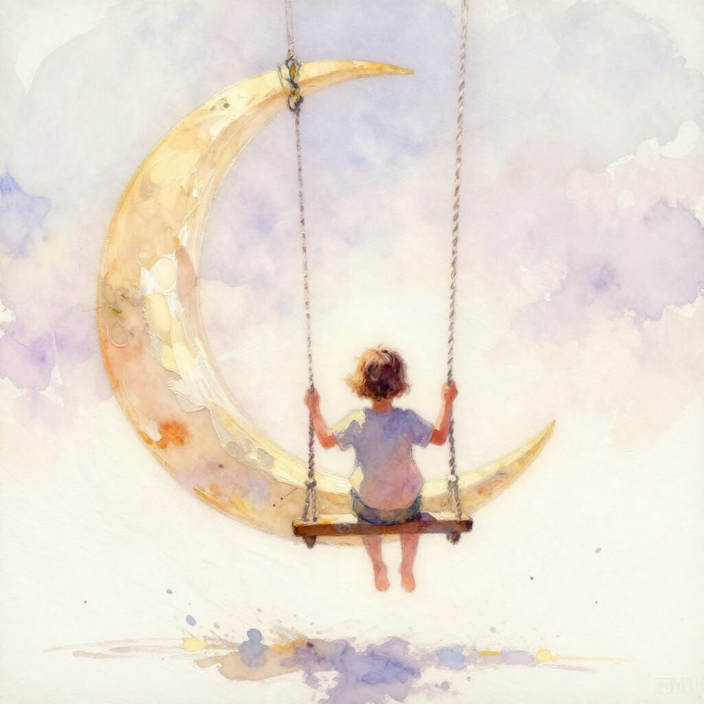 Child on Moon Swing in Pastel Watercolour