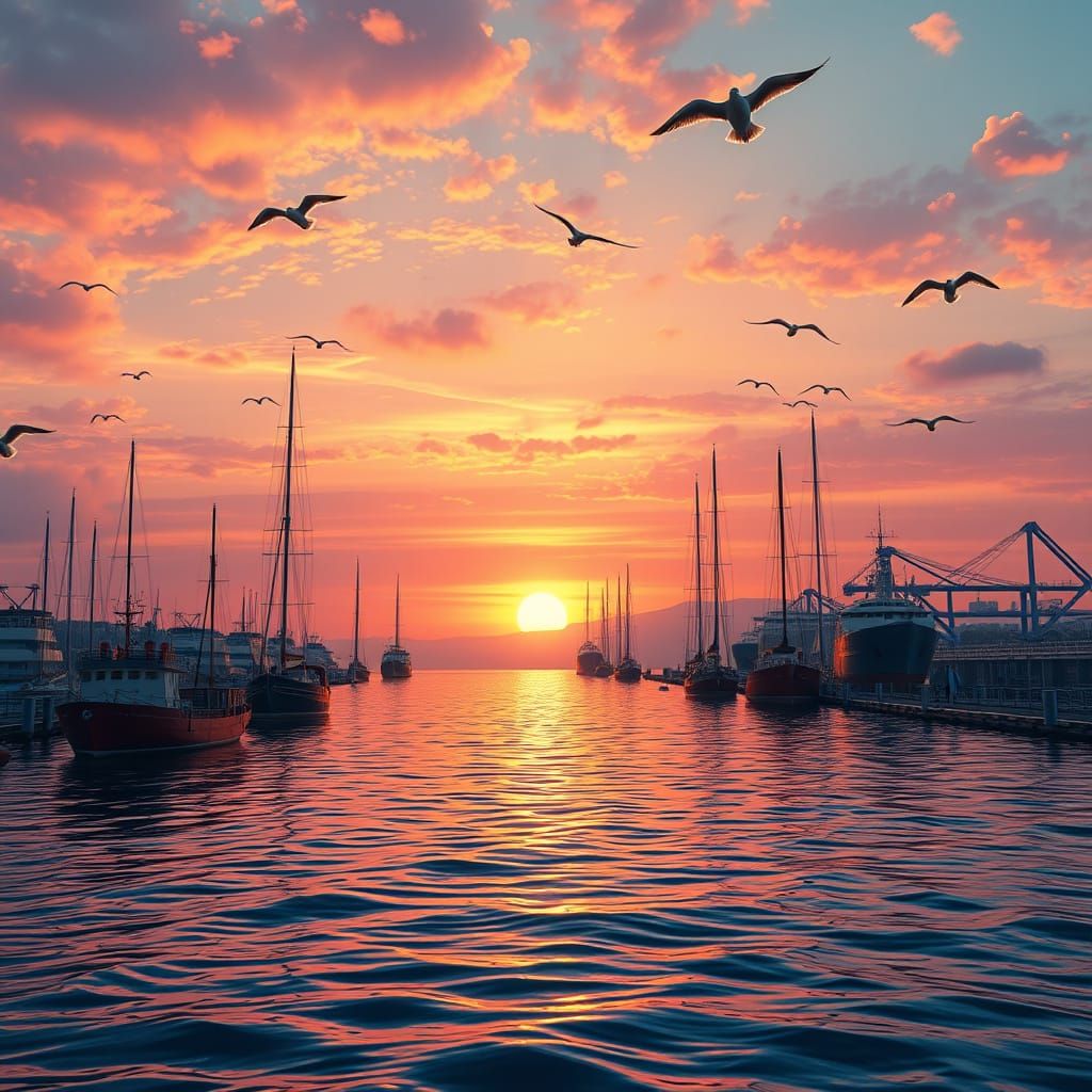 Serene San Diego Harbor Sunset in Vibrant Fantasy Art Style
