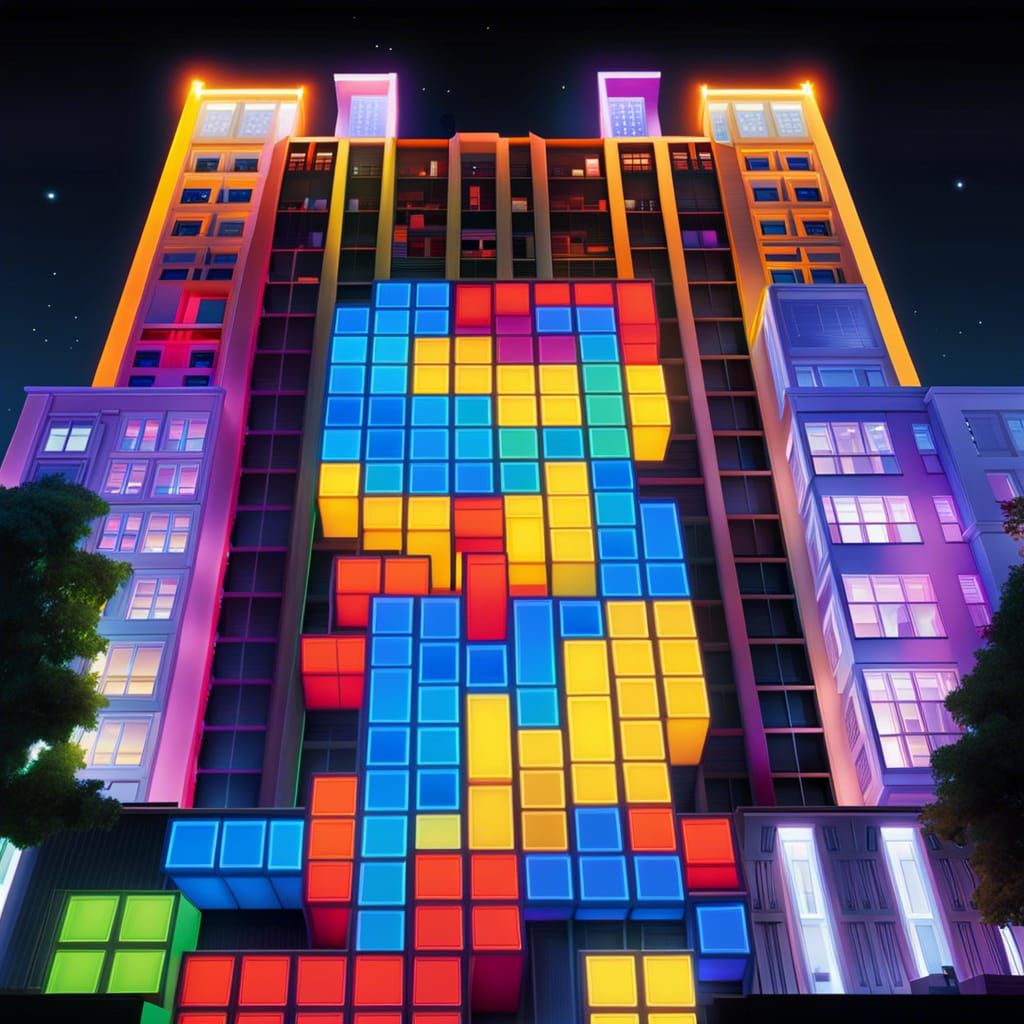 Tetris Graffiti Art on City Building at Night