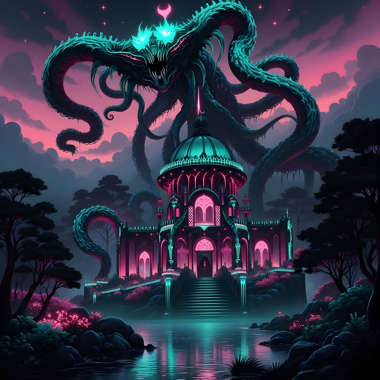 Enormous Monster Over Jewel Palace on Dark River