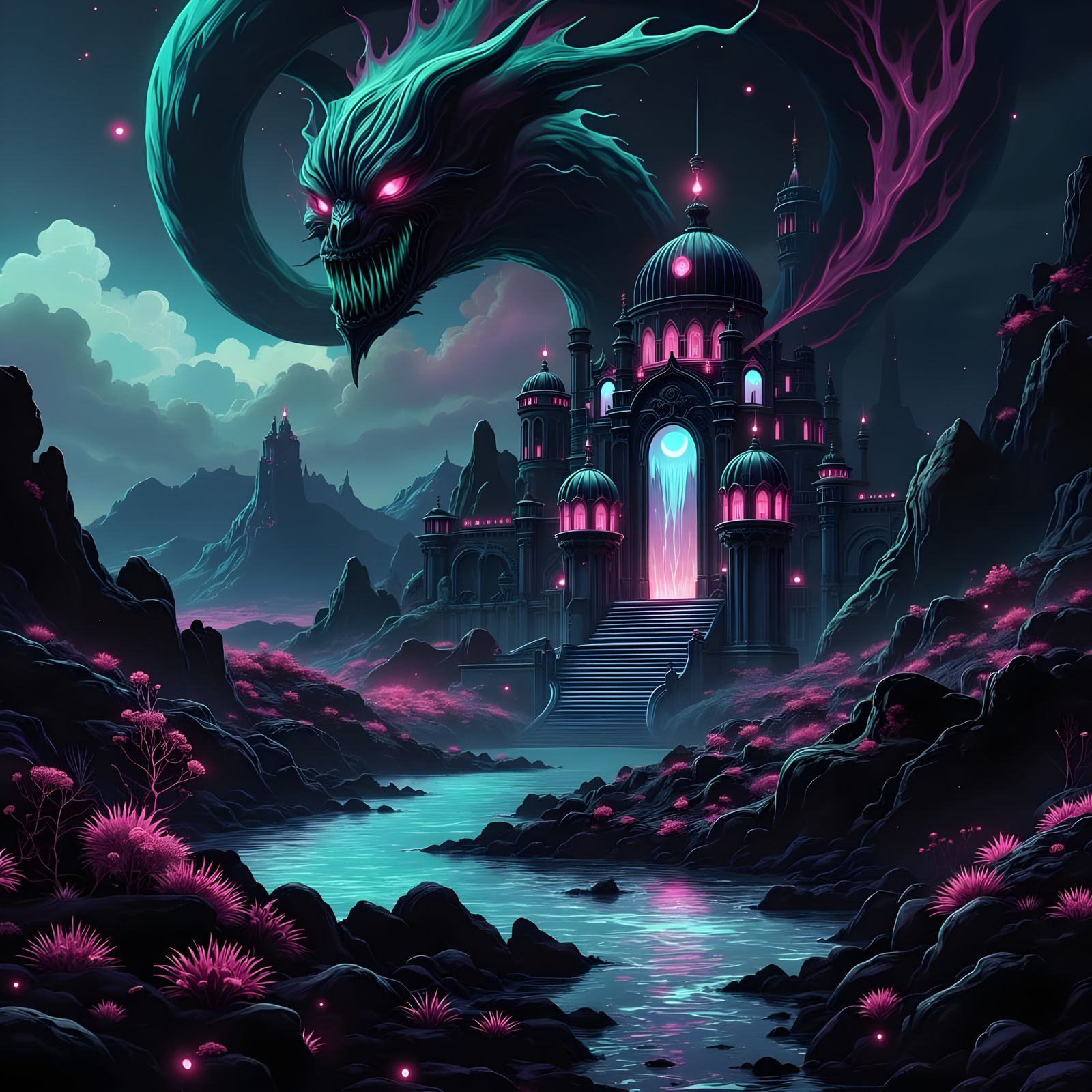 Giant Jewel Palace Monster Above Dark River