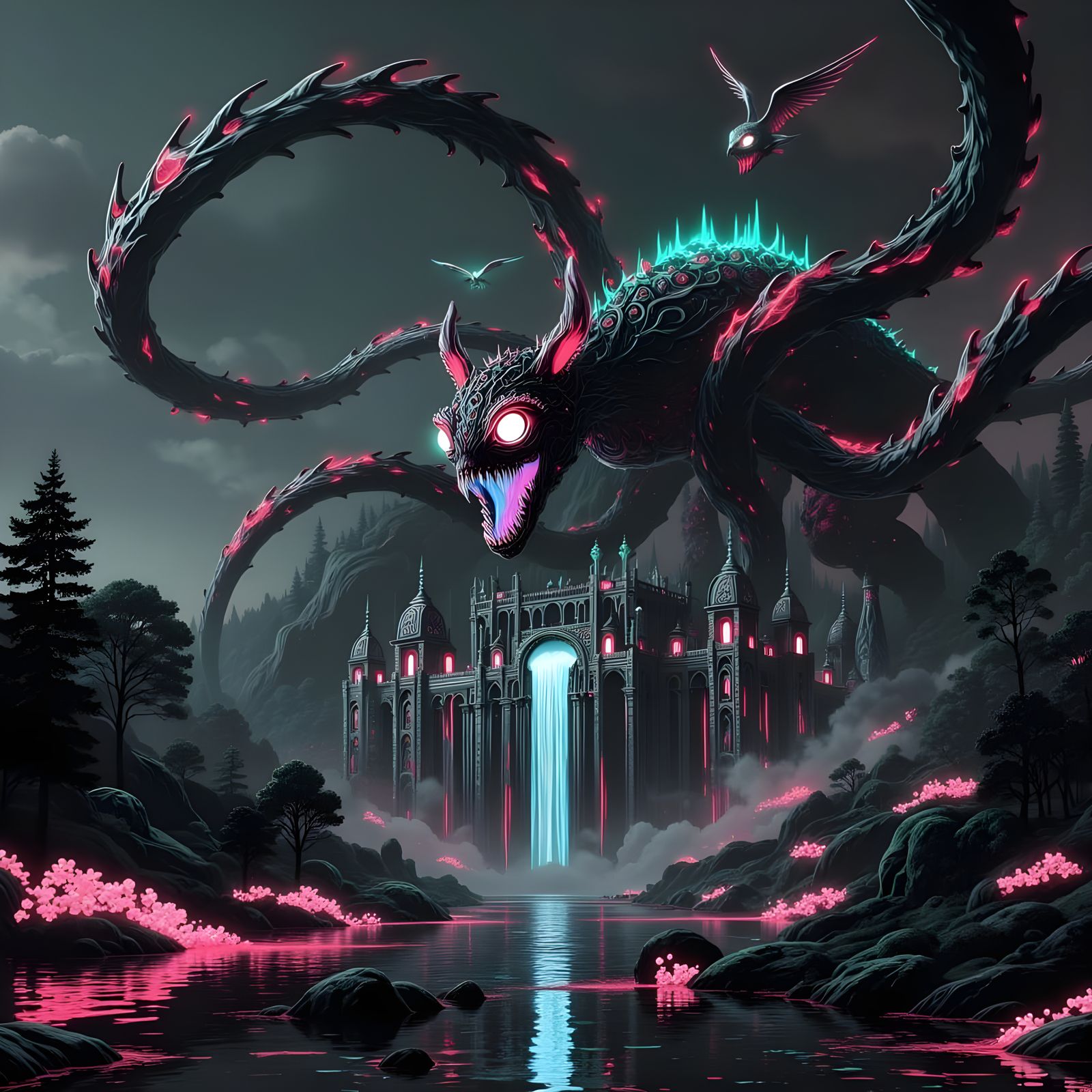 Enormous Monster Over Jeweled Palace on Dark River