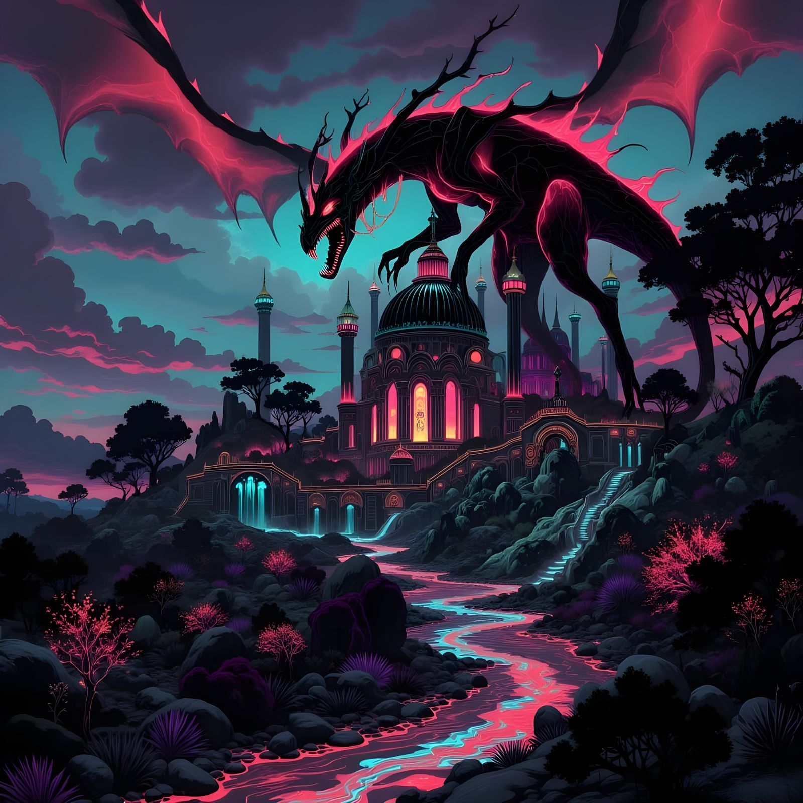 Enormous Monster Over Jewel Palace on Dark River