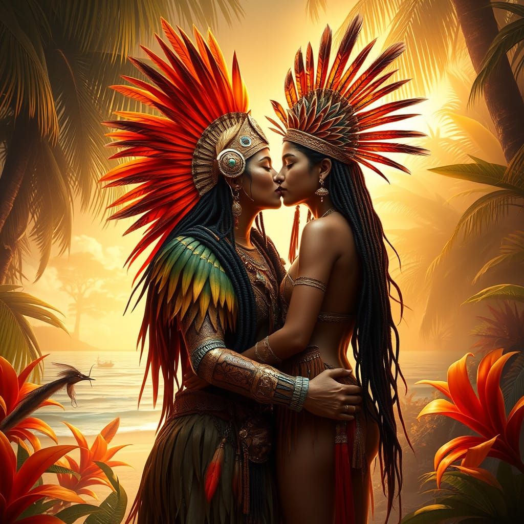 Regal Amazonian Queen Embraces Tribal Maiden in Exotic Parad...