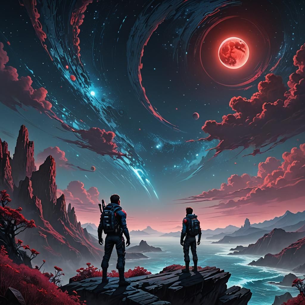 Sci-Fi Hero Gazes at Alien Sunset in Comic Book Art
