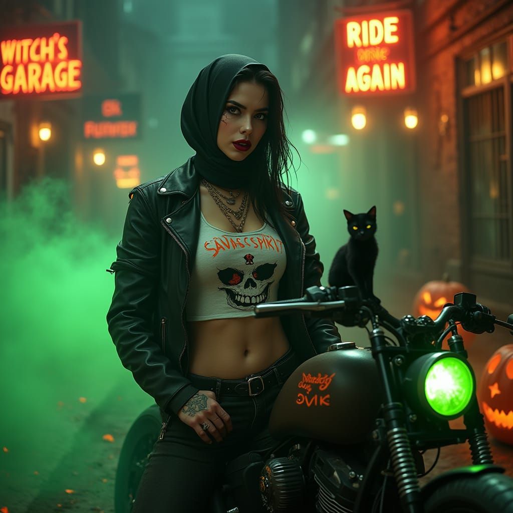 Gothic Vampire Woman With Motorcycle in Haunted Alley
