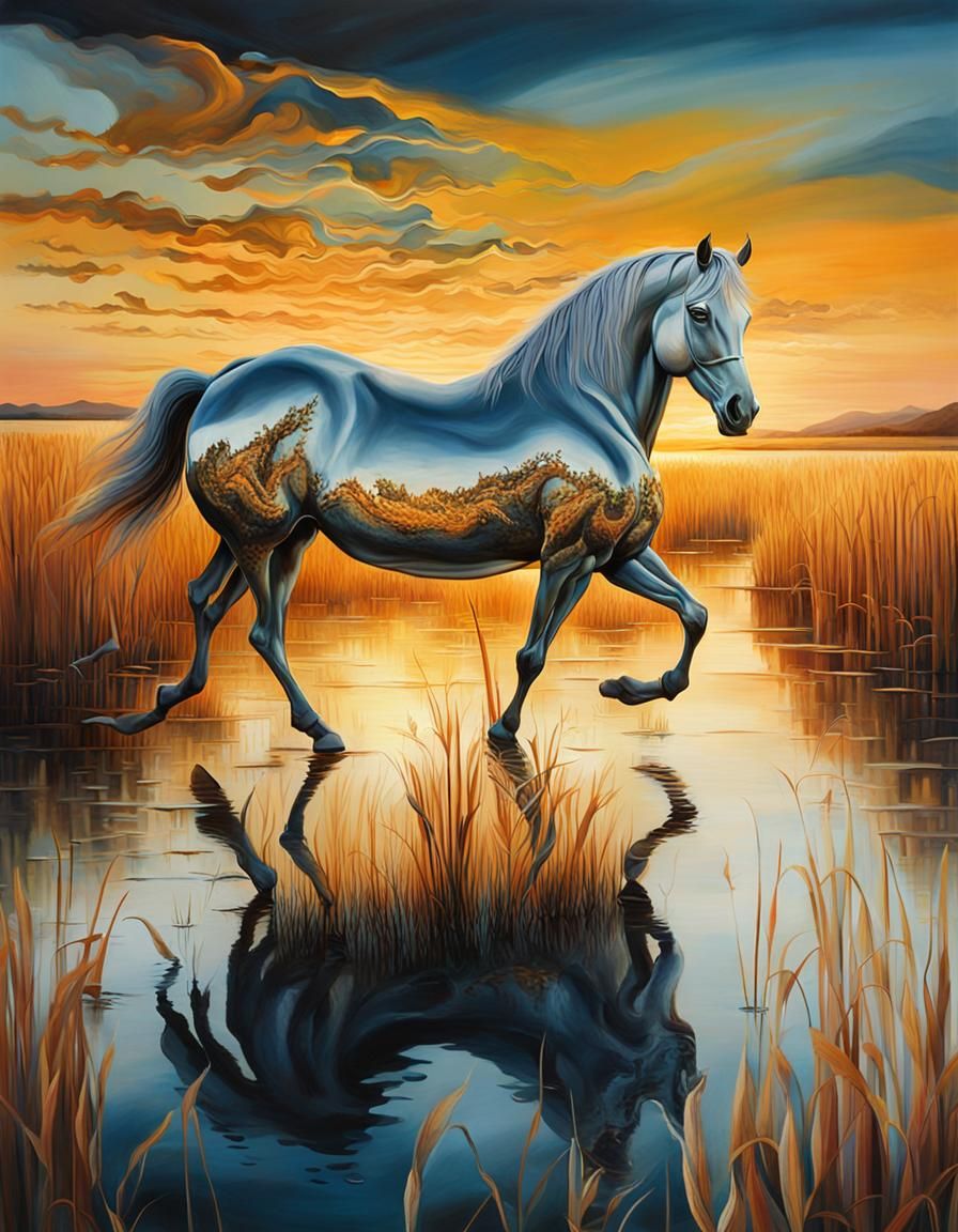 Surreal Horse at Sunset: A Dali-Inspired Dreamscape