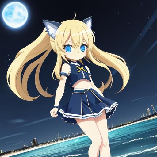 Chibi Catgirl on Beach in Anime Style