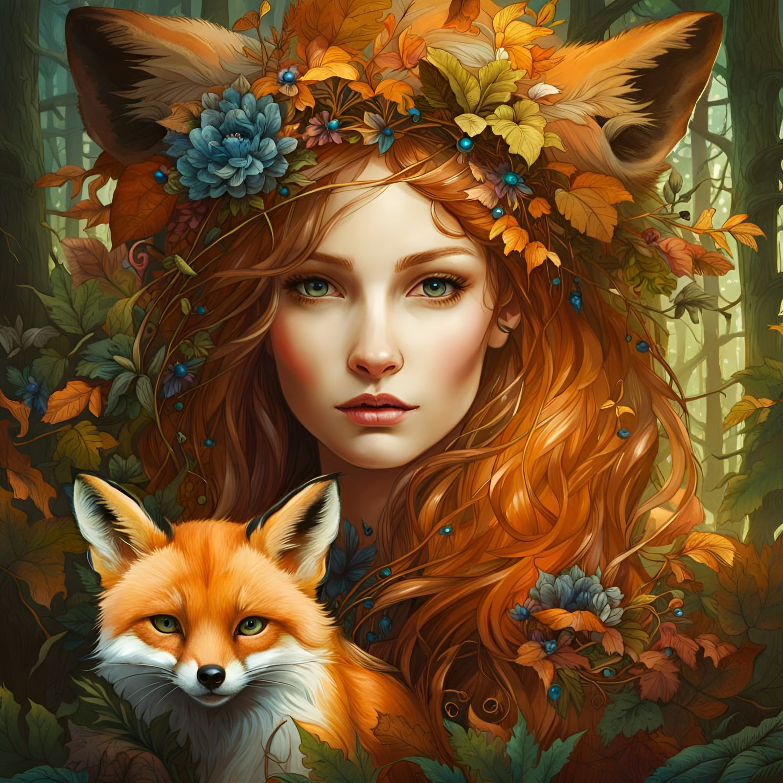 Enchanting Fox Woman Portrait in Fantasy Forest