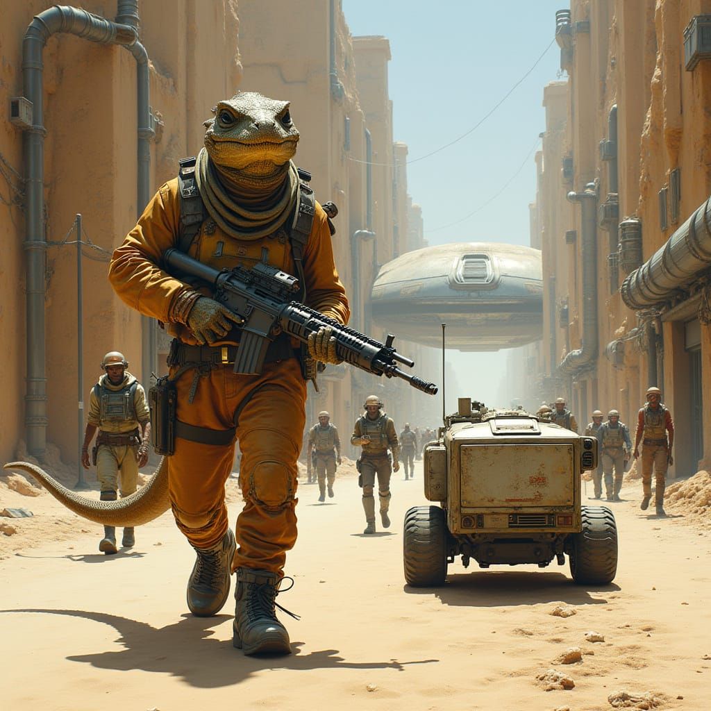 Cyberpunk Street Scene with Reptilian Humanoid and Robot