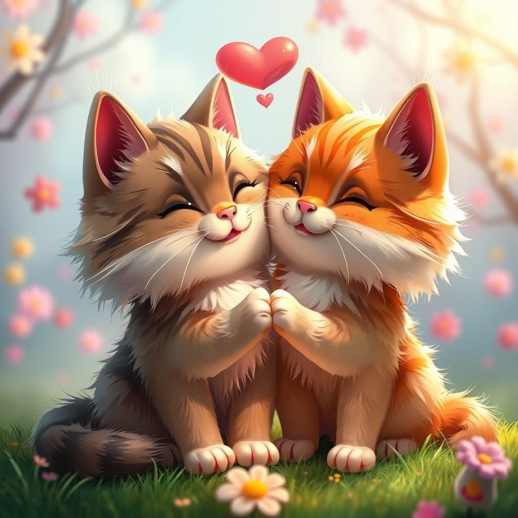 Two Fluffy Cats in Love, Whimsical 3D Cartoon Style