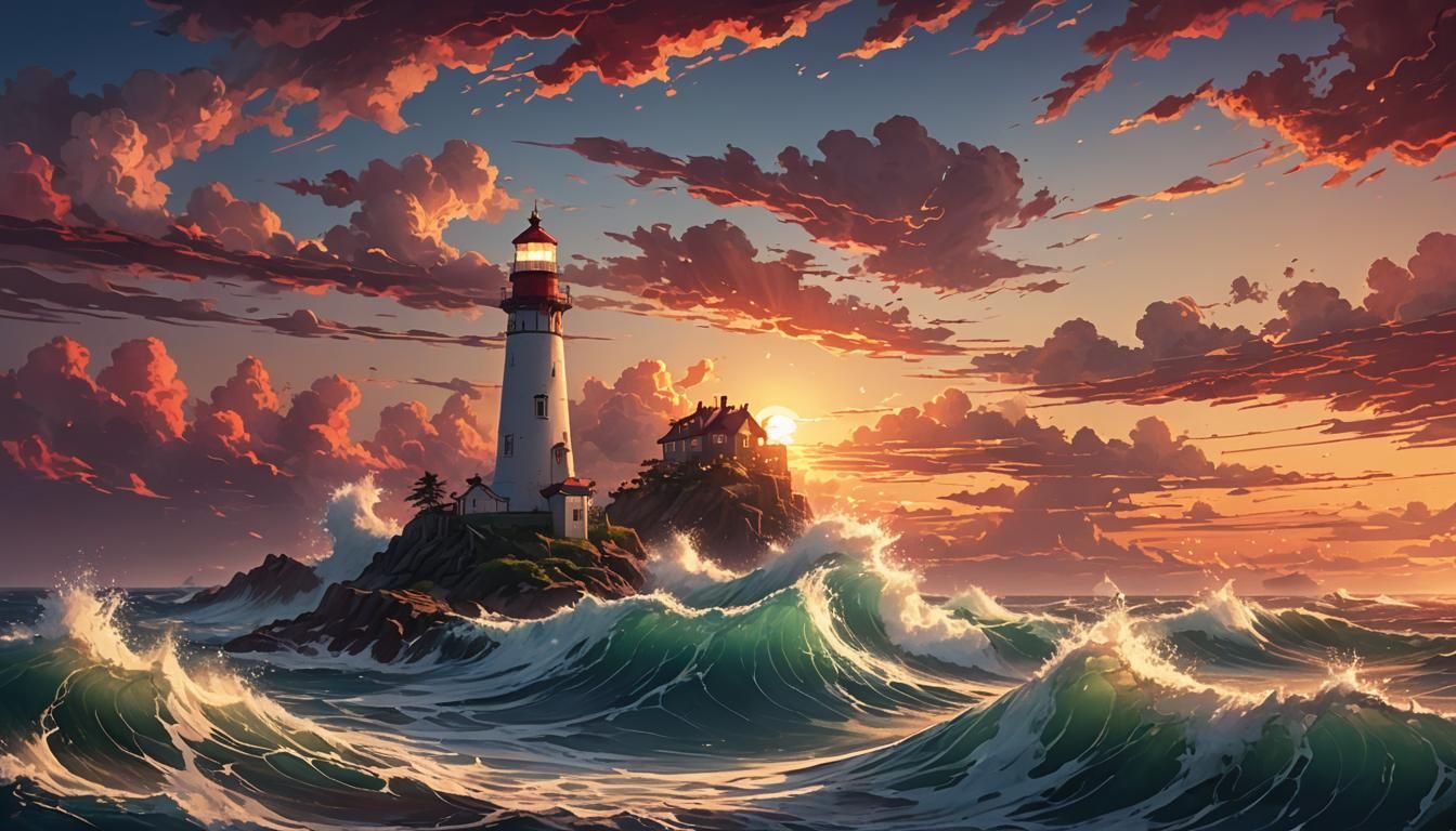 Anime Lighthouse Amidst Chaotic Sunset Waves