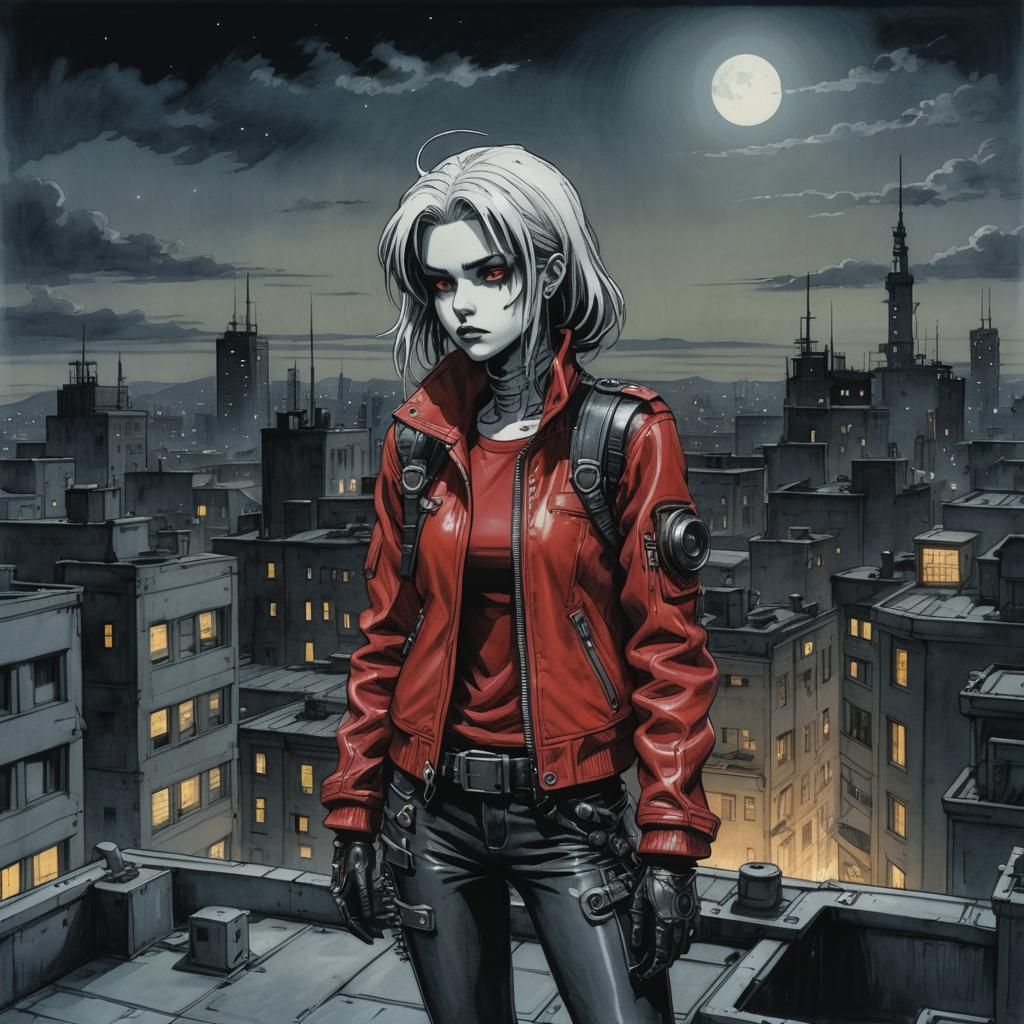Anime Punk Girl on Rooftop at Night in Biopunk Style