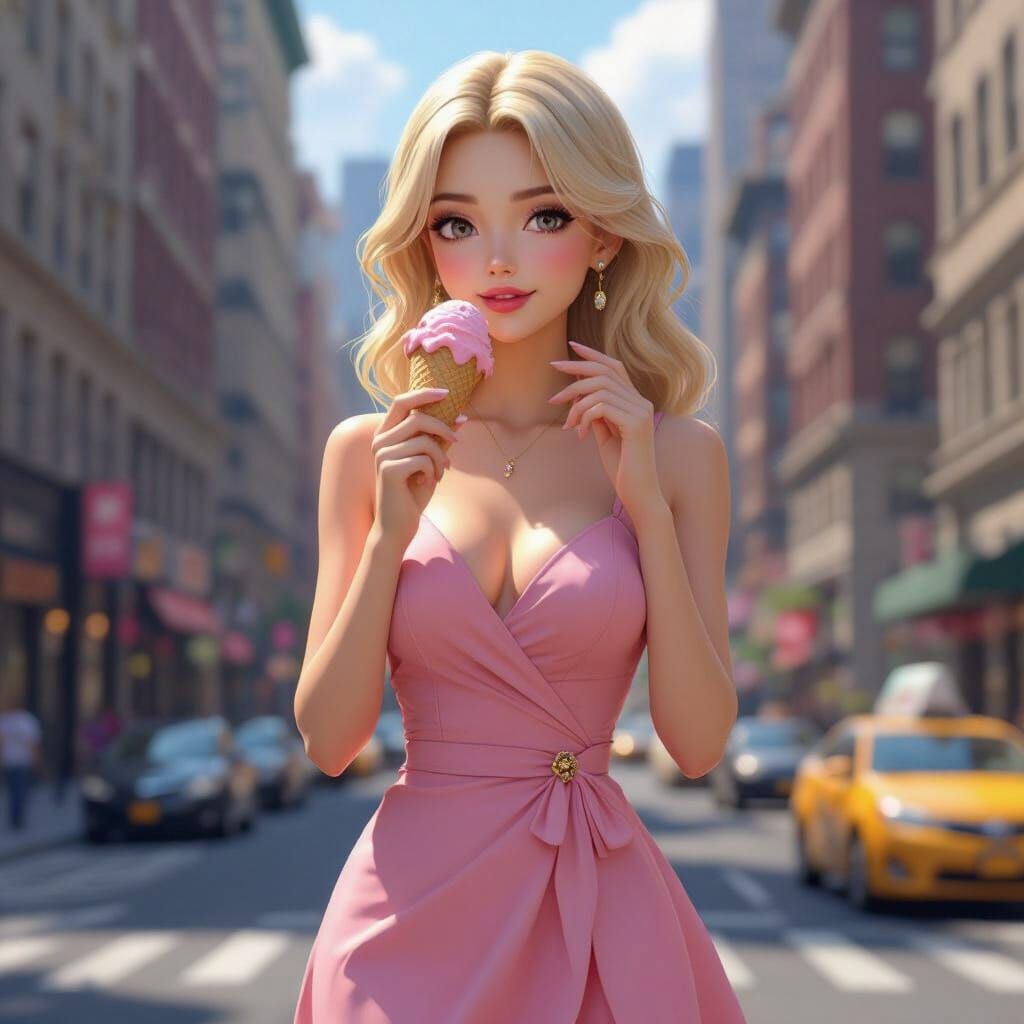 Blonde Woman in Pink Dress Eats Ice Cream in NYC