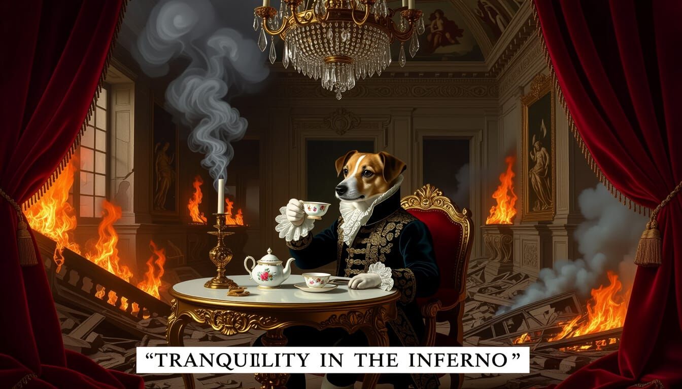 Baroque Oil Painting of Dog in Burning Room