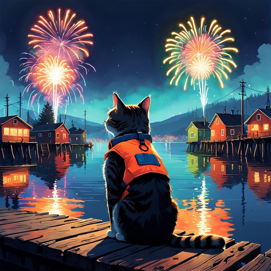 Whimsical Cat Watches Vibrant Night Sky Fireworks