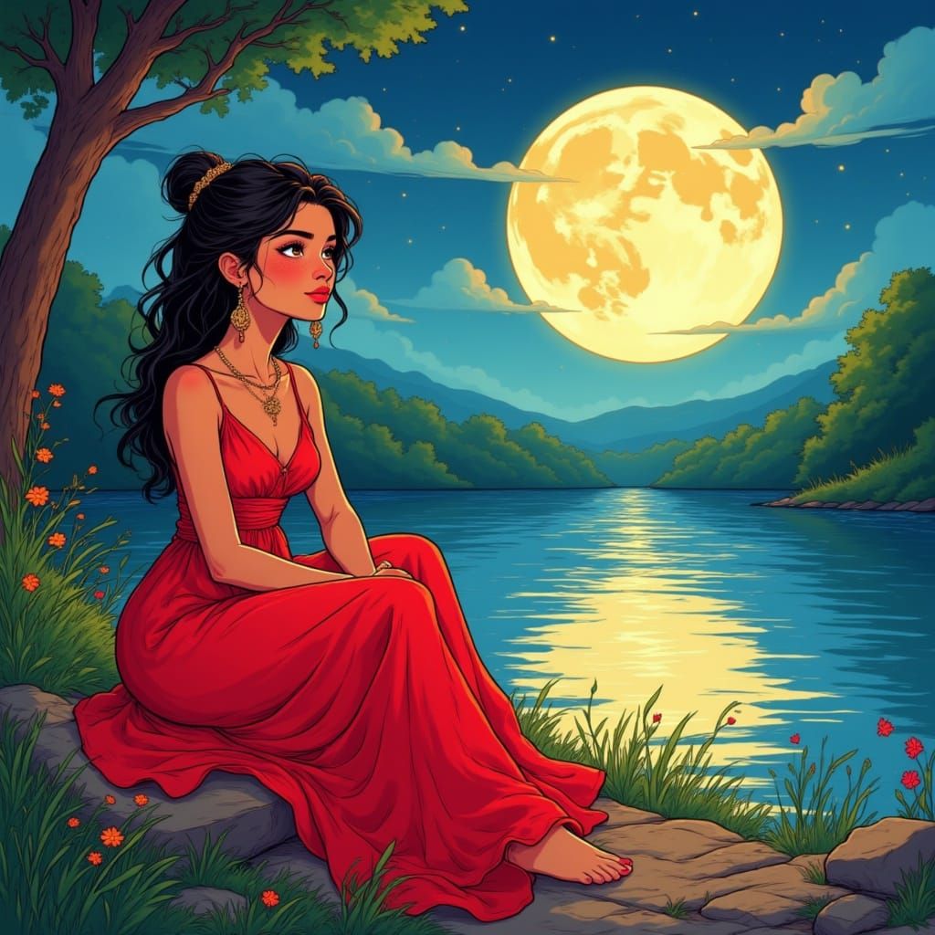 Woman in Red Gown by Moonlit Water in Cartoon Style