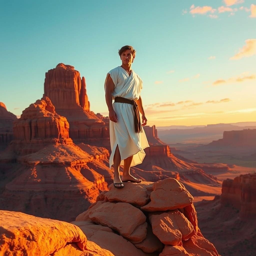 Ethereal Desert Sunset Scene with Majestic Rock Formation