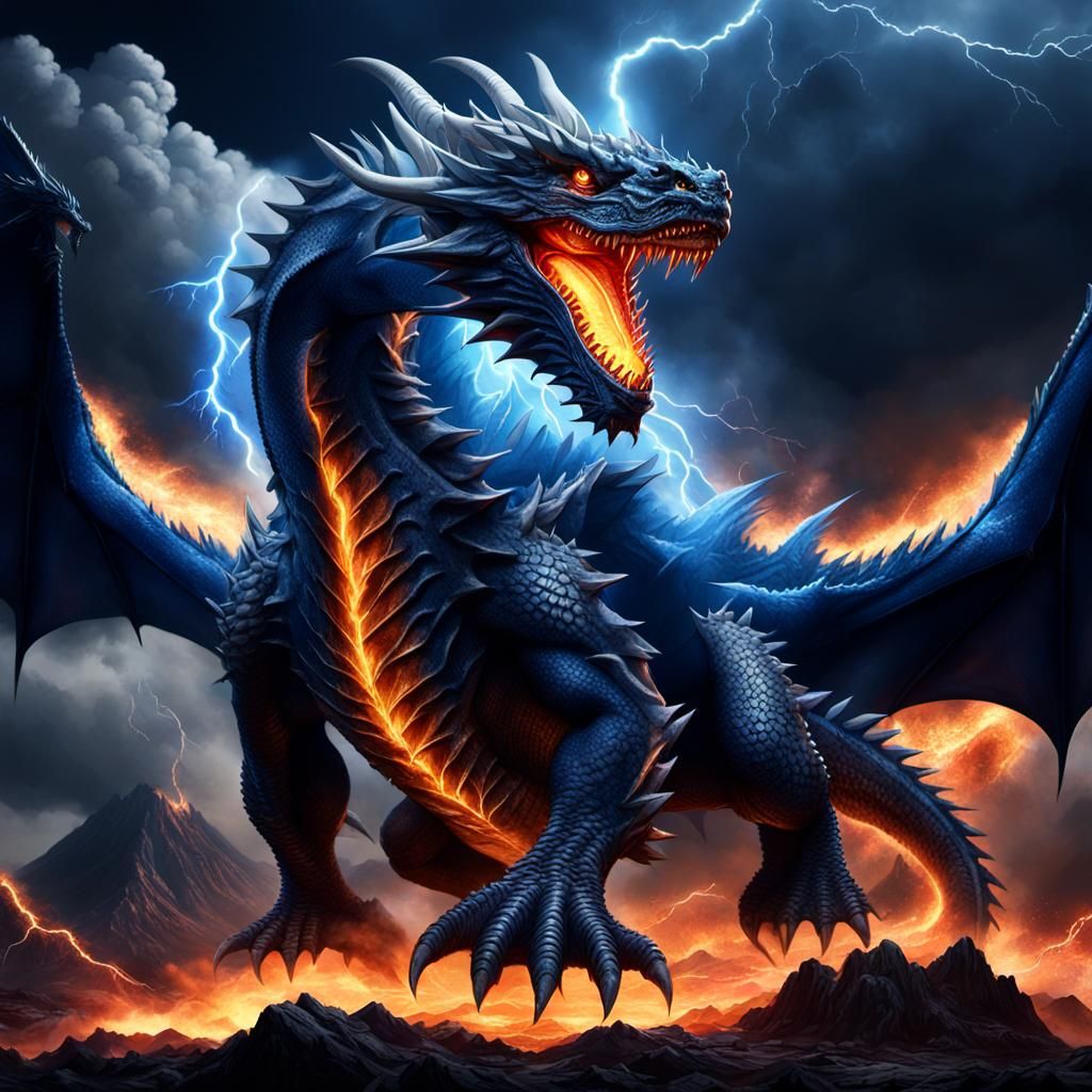 Majestic Lightning Dragon Soaring Over Volcano