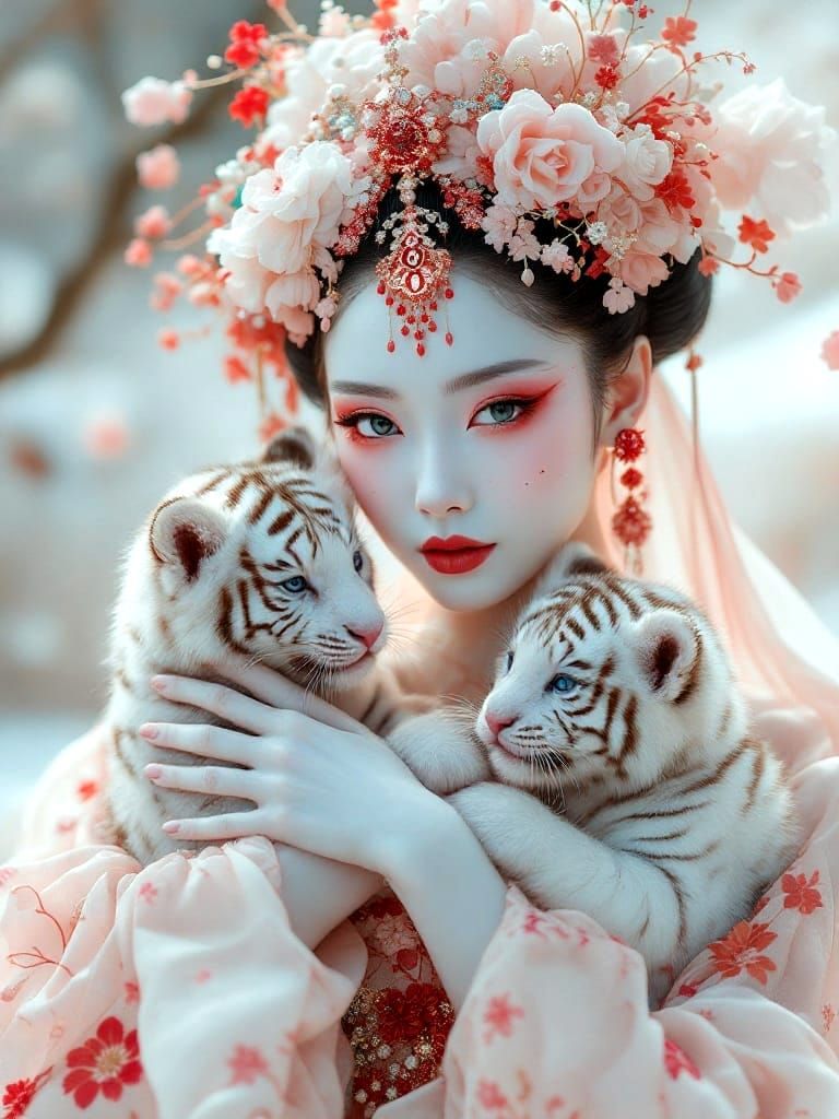 Hyperrealistic Geisha with Tiger Cubs in Futuristic Haute Co...