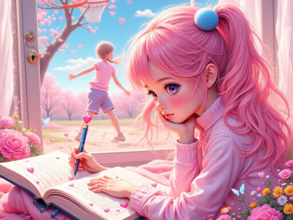 Adorable Anime Girl Creates Art in Diary with Pink Puffy Pen