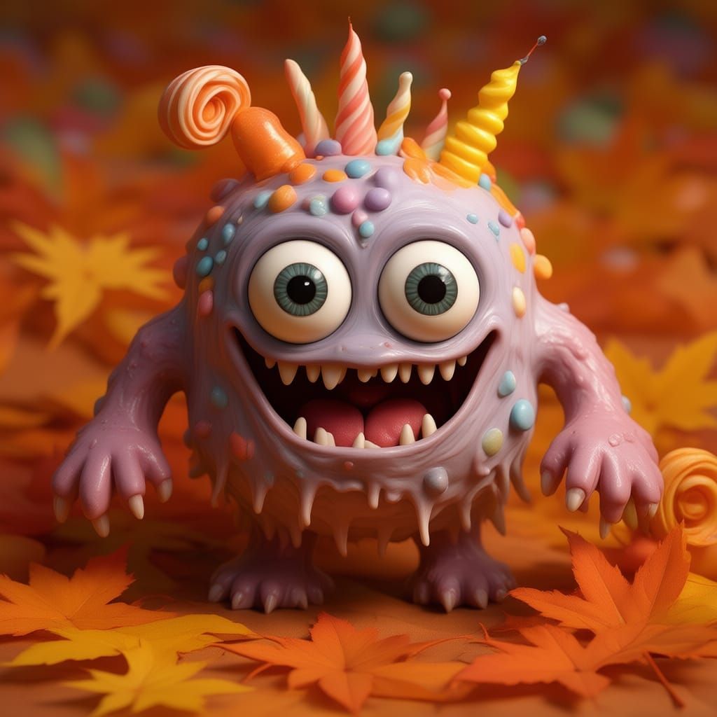 Whimsical Creature Peeking From Autumn Leaves