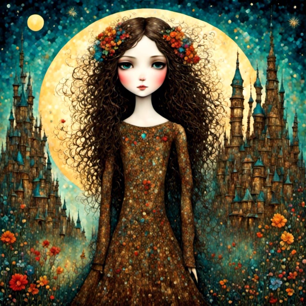 Girl in Folk Art Style with Crescent Moon