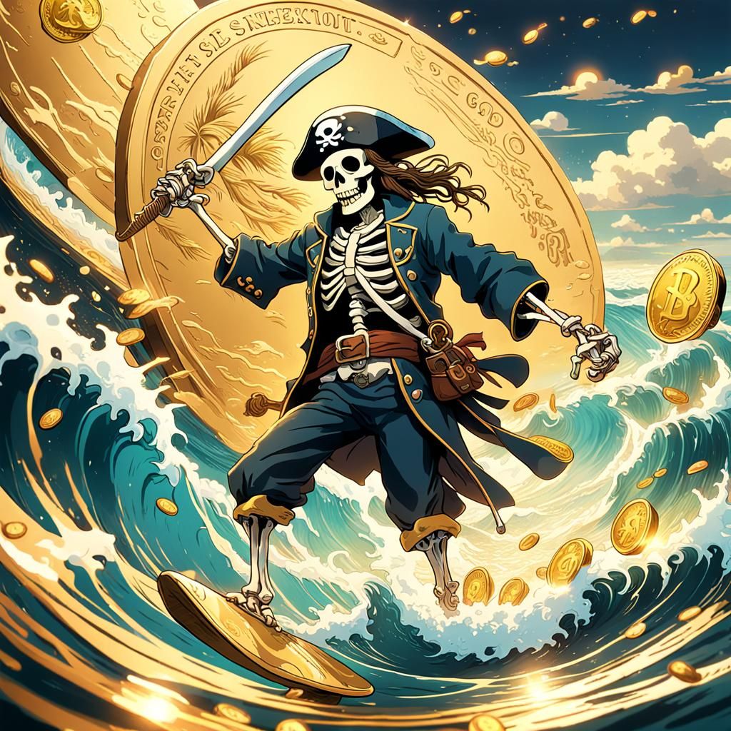 Pirate Skeleton Surfing Gold Waves: Ghibli Anime
