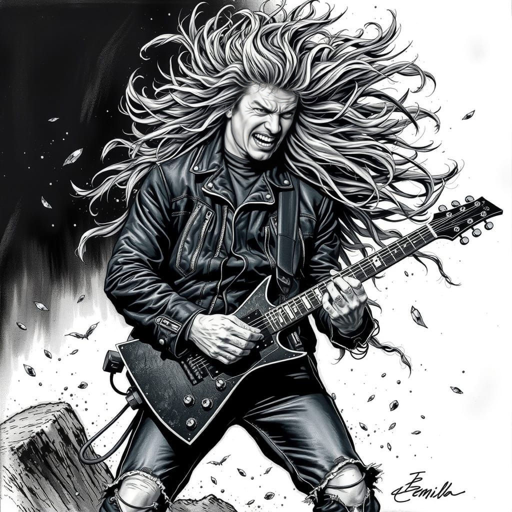 Guitarist in Turbulent Winds as Oil Painting