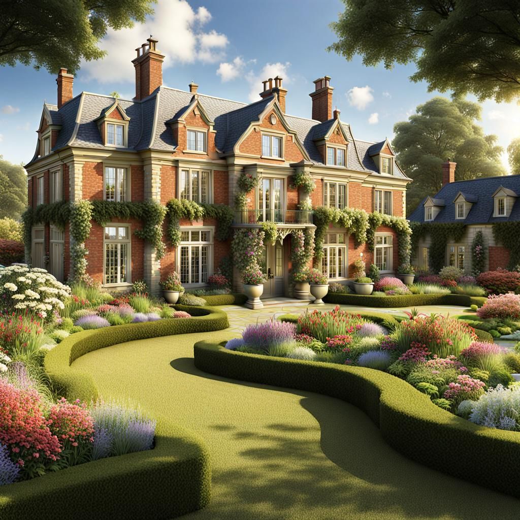 Country manor, flower, gardens, extensive landscaping, ornate, highly detailed, cgi quality, high definition