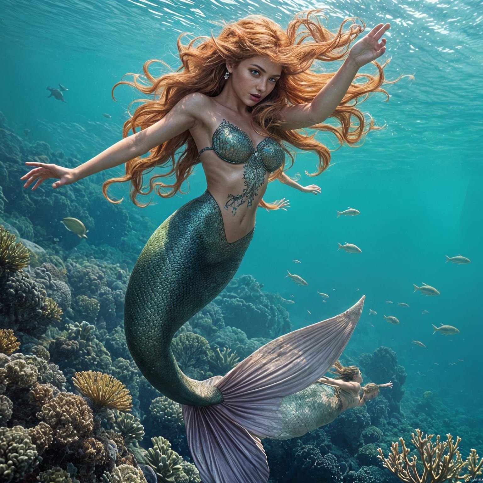 Hyperrealistic Mermaid Leaps from Vibrant Underwater Realm
