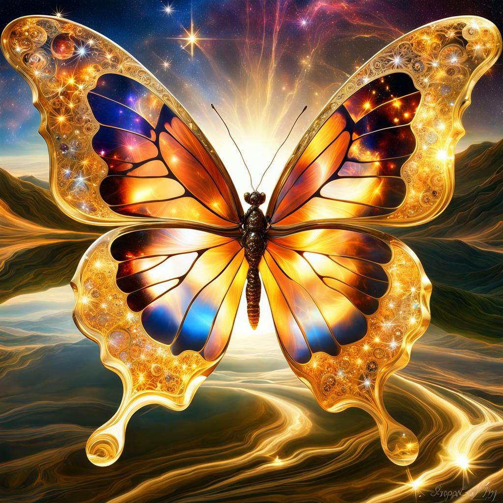 Crystallized Butterfly Floating Over Enchanting Landscape