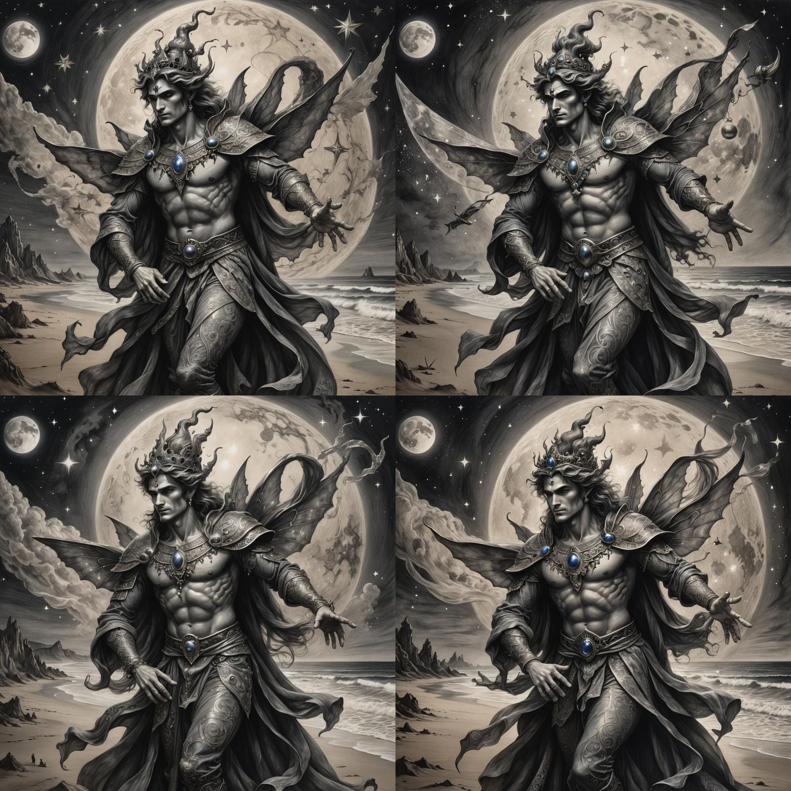 Italian Gothic Fairy Genie Charcoal Drawing