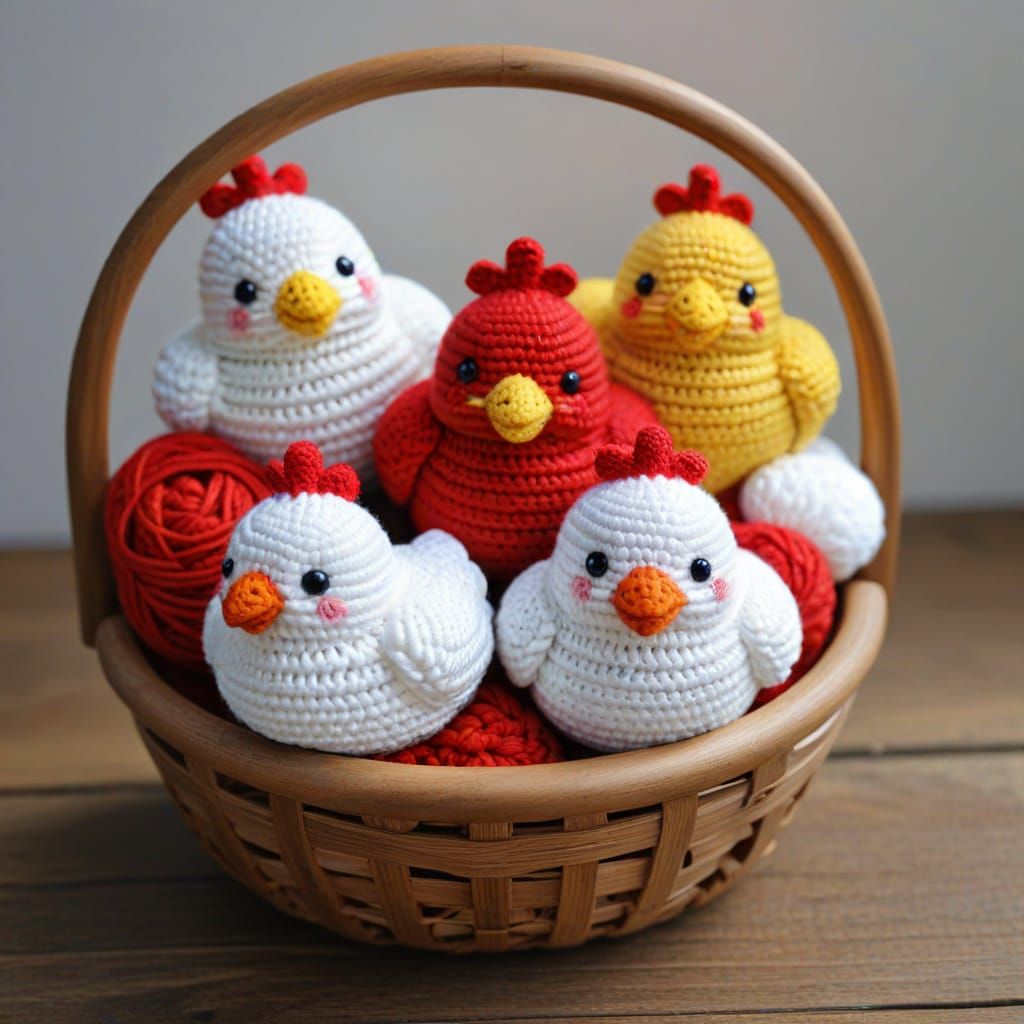 Cute Crochet Chickens in a Wooden Basket