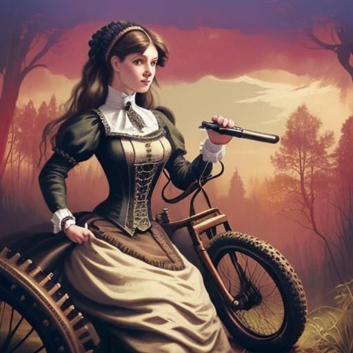 Woman in Victorian Dress on Steampunk Motocross Bike