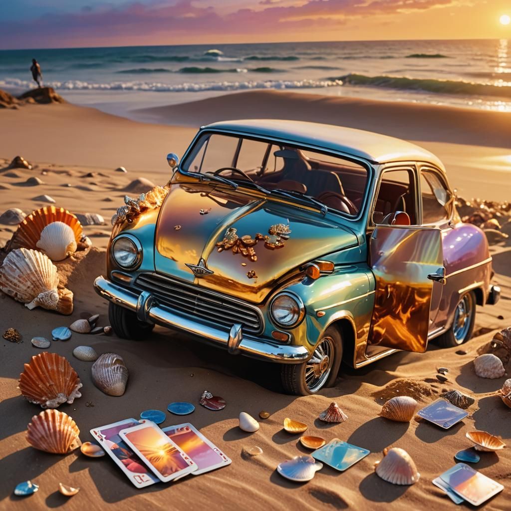 Fairies Play Cards on Beach at Sunset