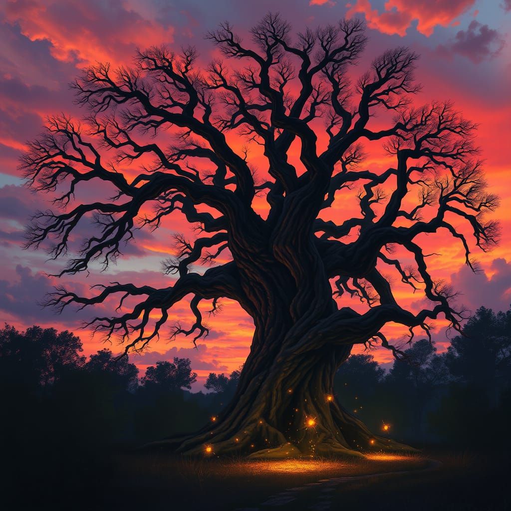 Majestic Oak Tree at Twilight: A Digital Painting