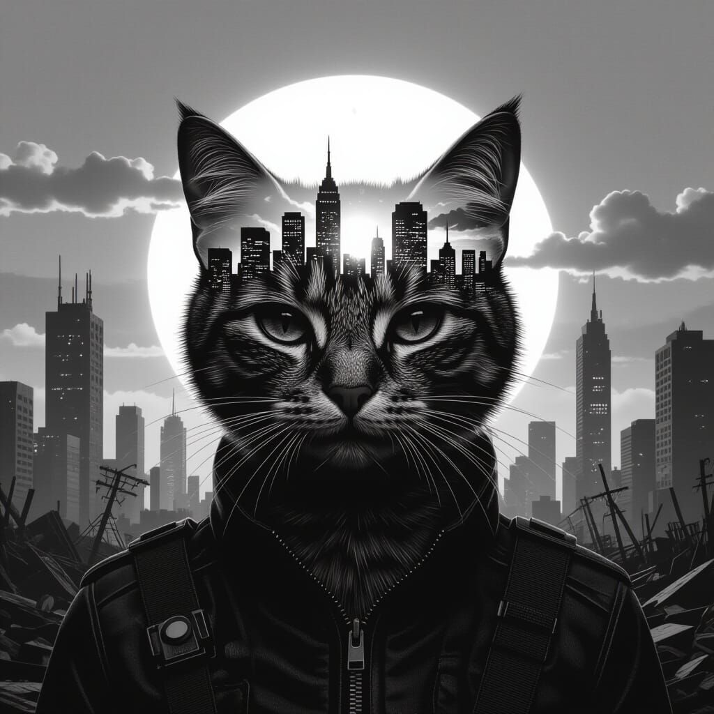 Post-Apocalyptic Cat Cityscape Double Exposure in Cinematic ...