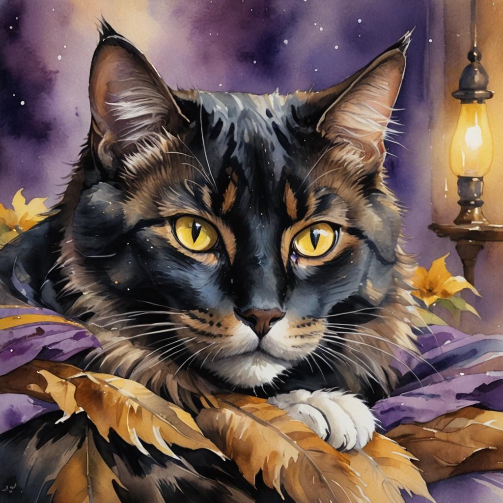 Fantasy Portrait of a Tabby Cat in Oil and Watercolor