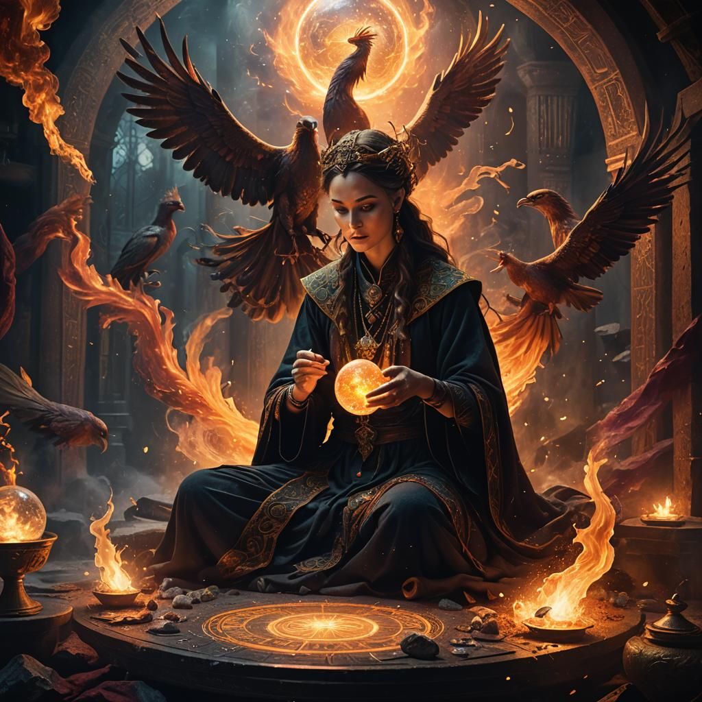 Mystical Tarot Reader Amidst Phoenix Ashes: Fantasy Art