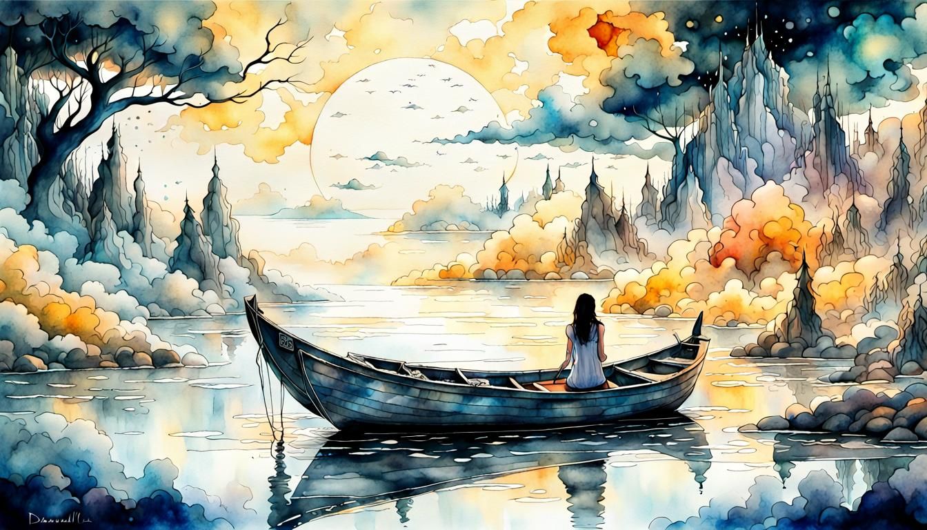 Boat in a Surreal Dreamscape: Watercolor Ink Art