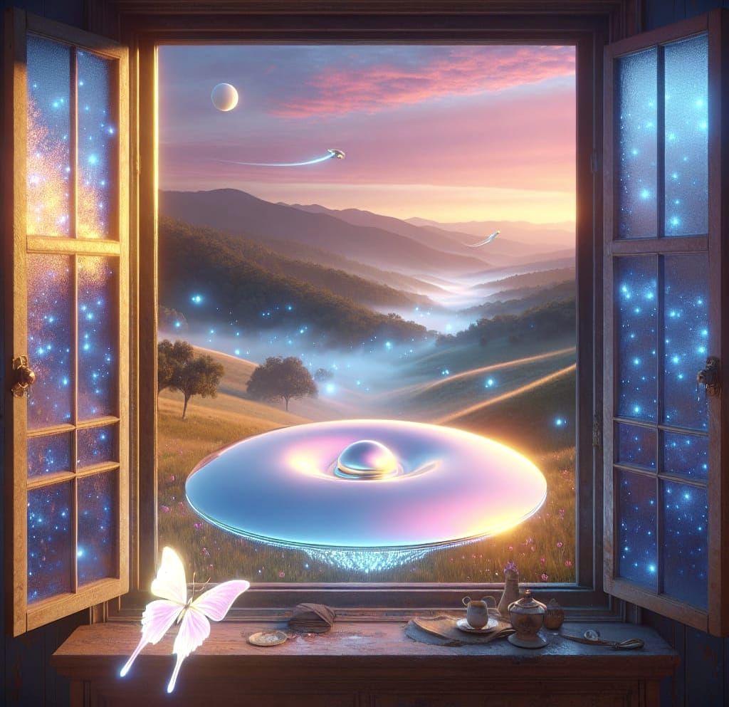 Surreal Dawn Awaits with Golden Spaceship and Mystic Lights