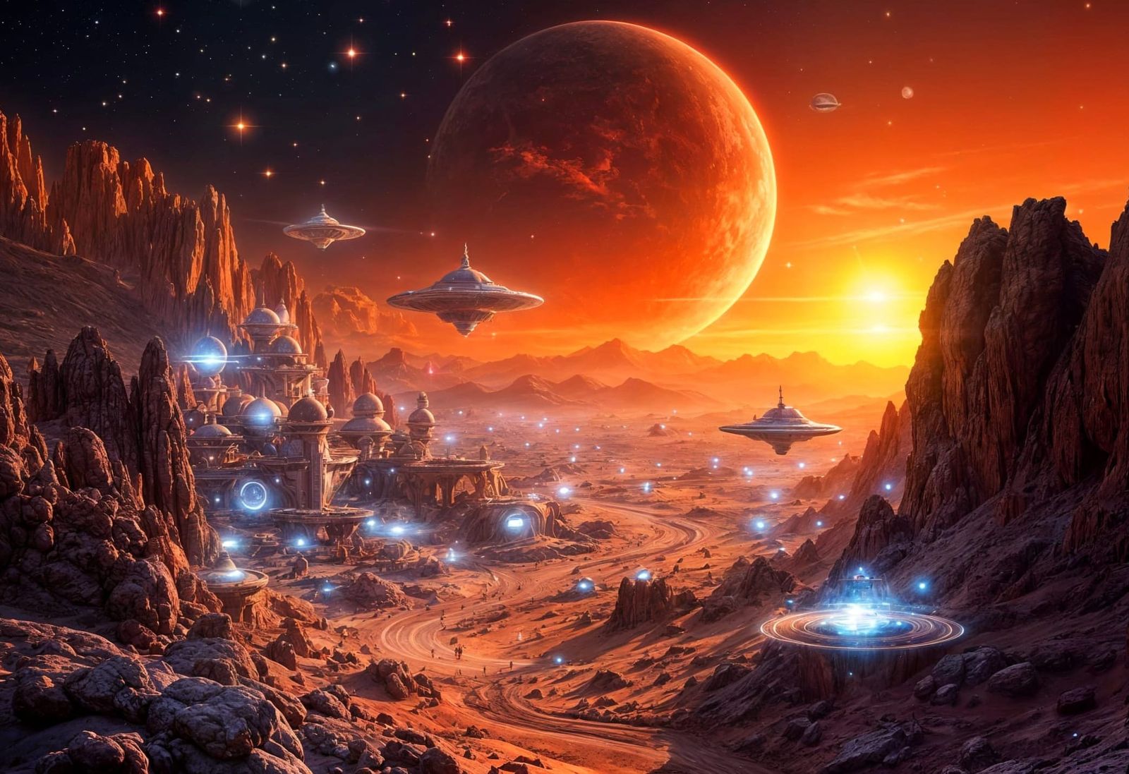 Futuristic Martian Town with Crystalline Structures and Spac...